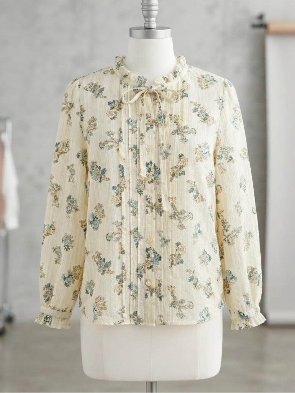 LOFT Pale Yellow Floral Pintuck Ruffle Blouse with Green Accents